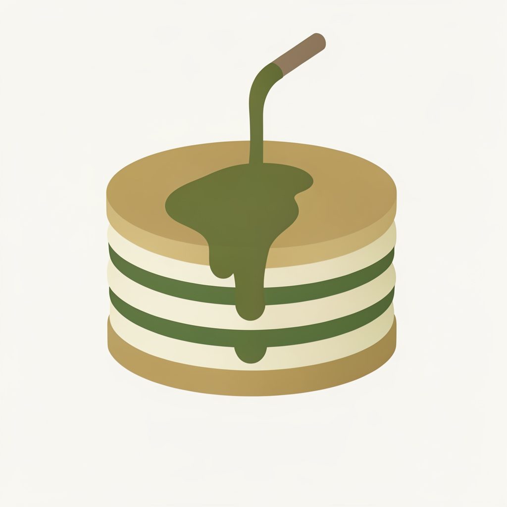 Ilustração vetorial plana em tons creme, dourado e verde suave de uma pilha de panquecas redondas douradas com um fio de mel escorrendo por cima.