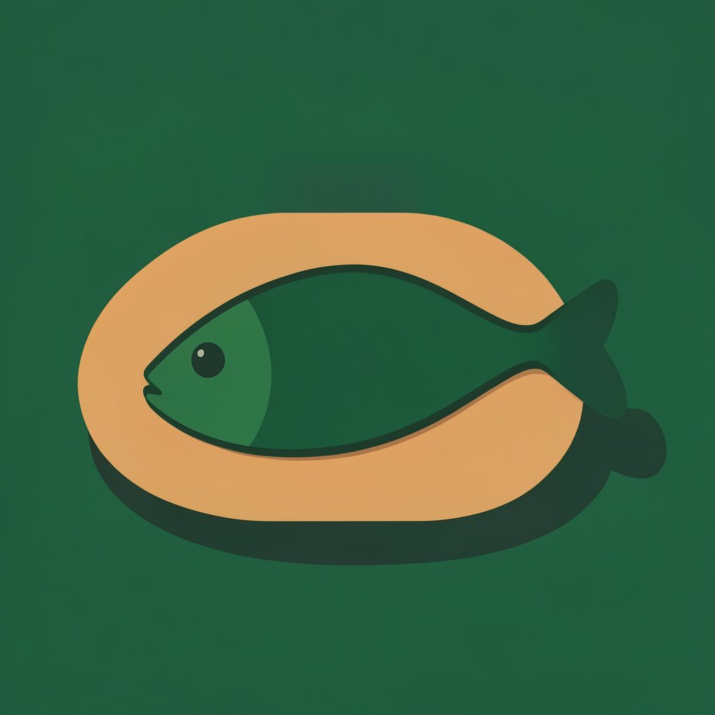Ilustração vetorial plana de um filé de peixe ao forno em tons azul-pastel, creme e dourado, sobre um fundo cor de areia.